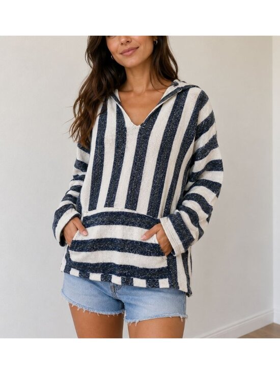 Paper Crane Tops - Paper Crane Striped Lightweight Hoodie Knit Small Coastal Beach Casual